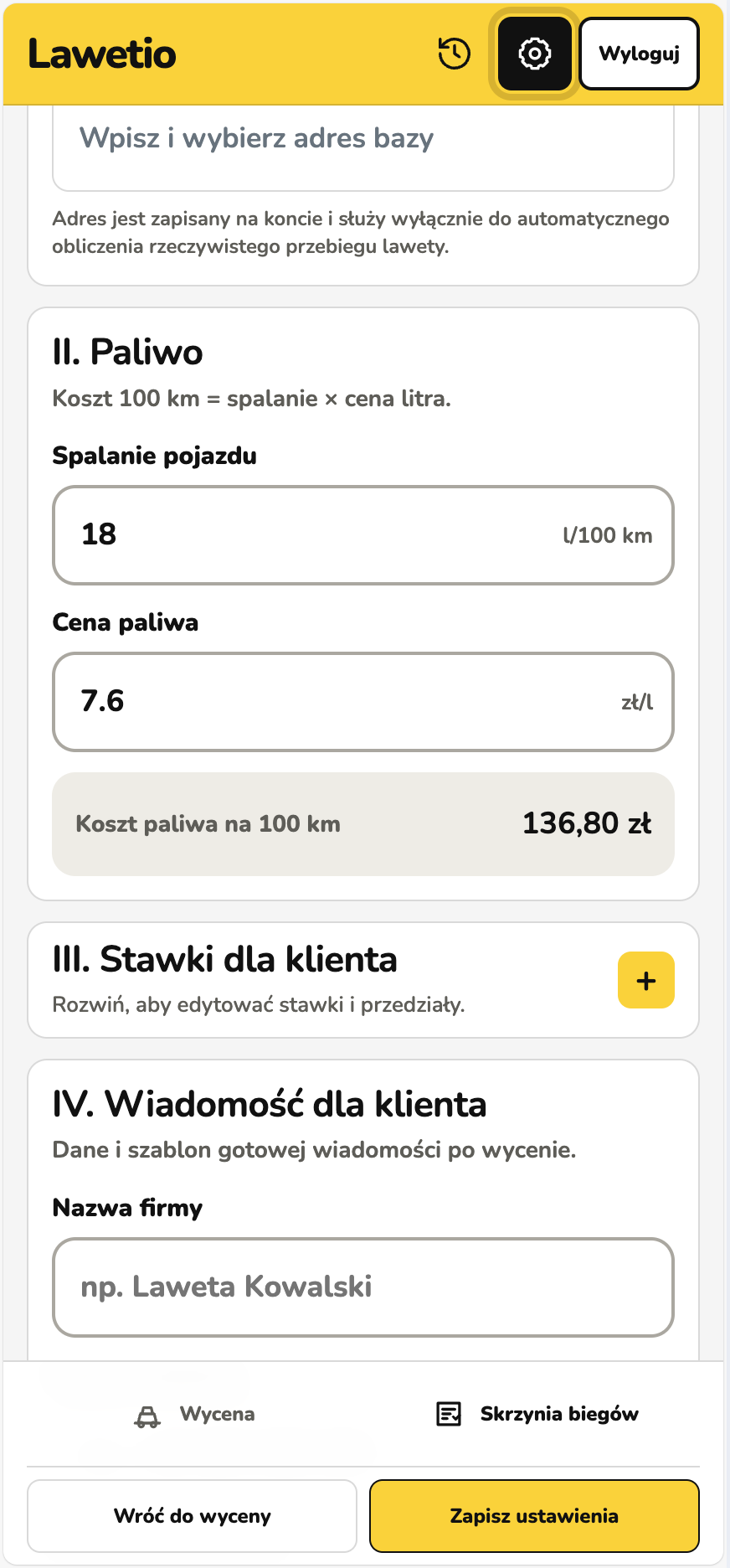 Ekran ustawień Lawetio ze spalaniem pojazdu i stawkami dla klienta