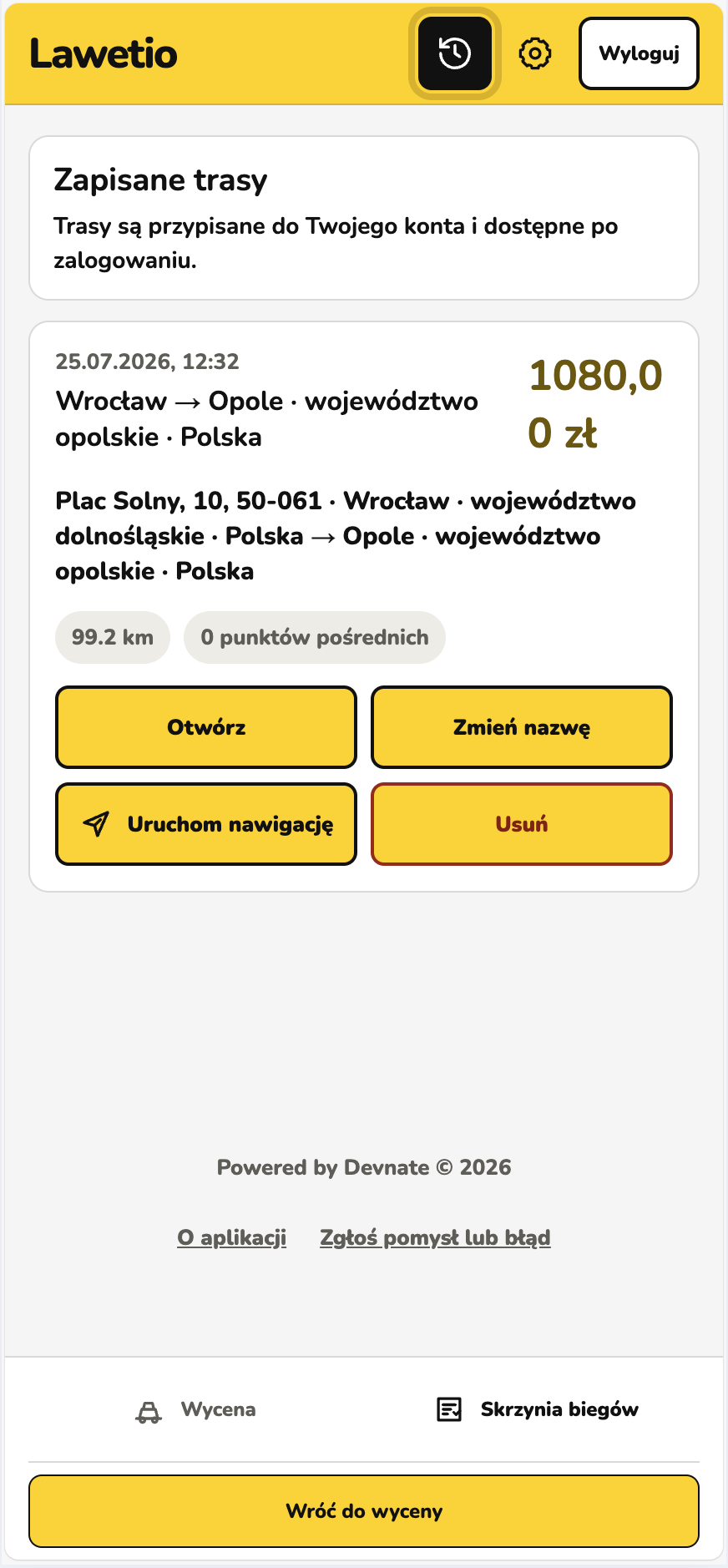 Historia zapisanych tras i wycen w aplikacji Lawetio
